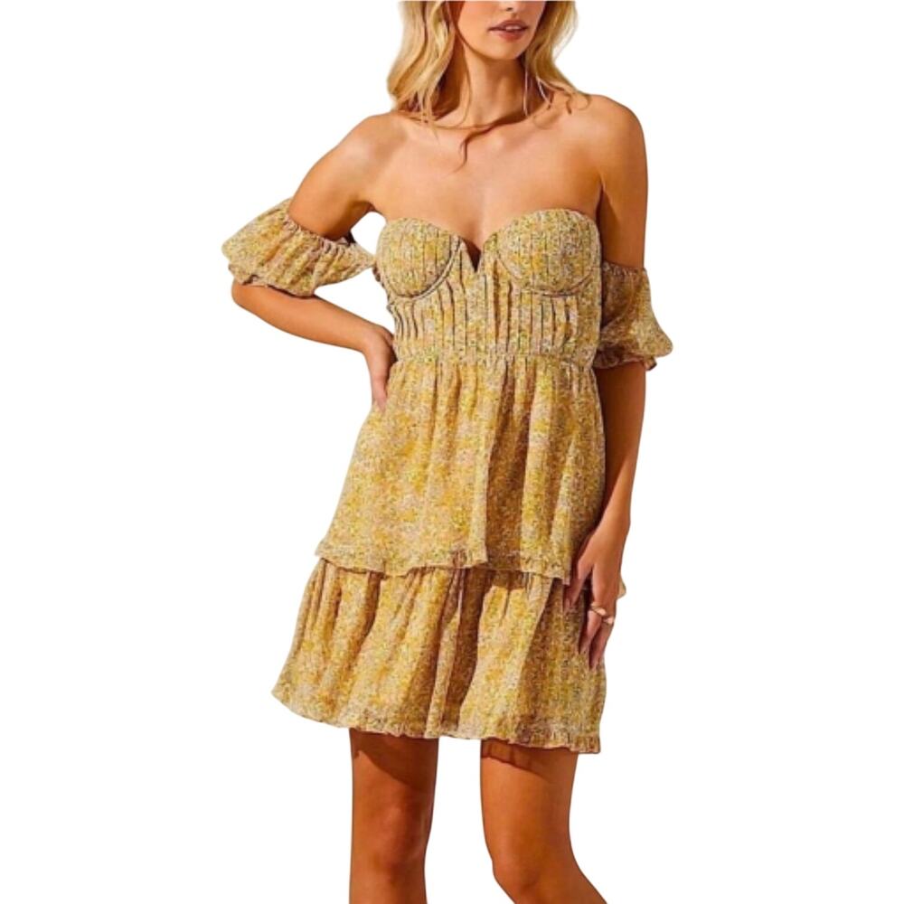 ASTR The Label Babydoll Dress Yellow Floral Cottagecore Tiered Ruffle Smock Sz L